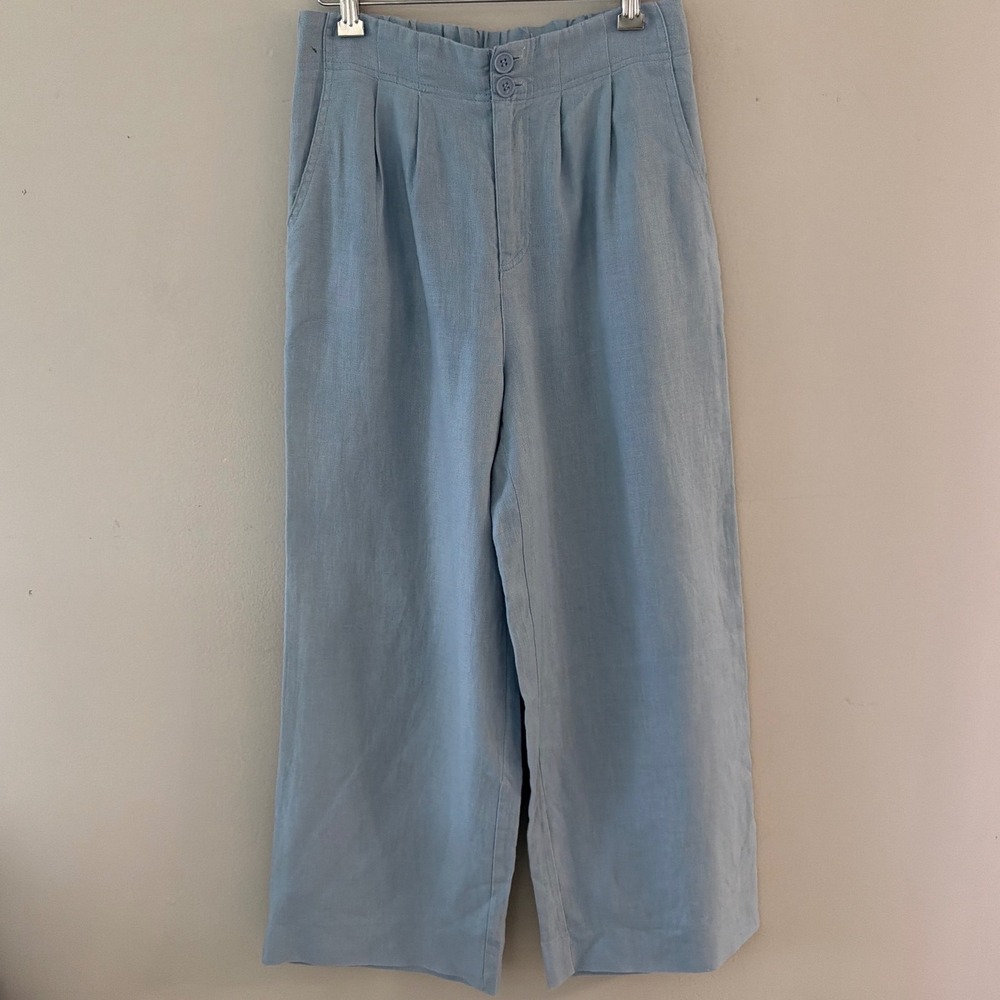 Etquette Women Light Blue 100% Linen Wide‎ Leg High Rise Pants Women Medium